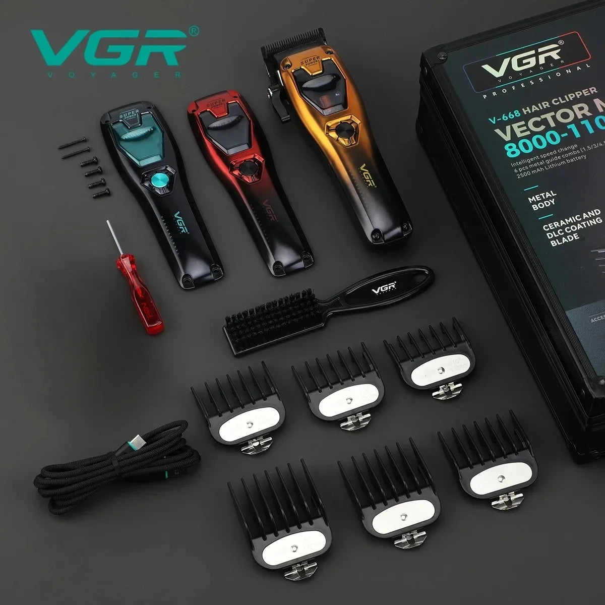 VGR Professional Hair Clippers Rechargeable Hair Trimmer Vector Motor 11000 RPM Haircut DLC Blade Clippers For man V-668 V-668T
