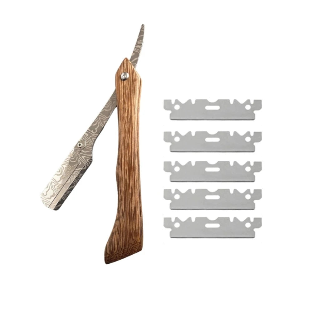 Men Professional Barber Straight Edge Razor with 5 Blades Men's Manual Shaver Salon Quality Razor (Wooden)