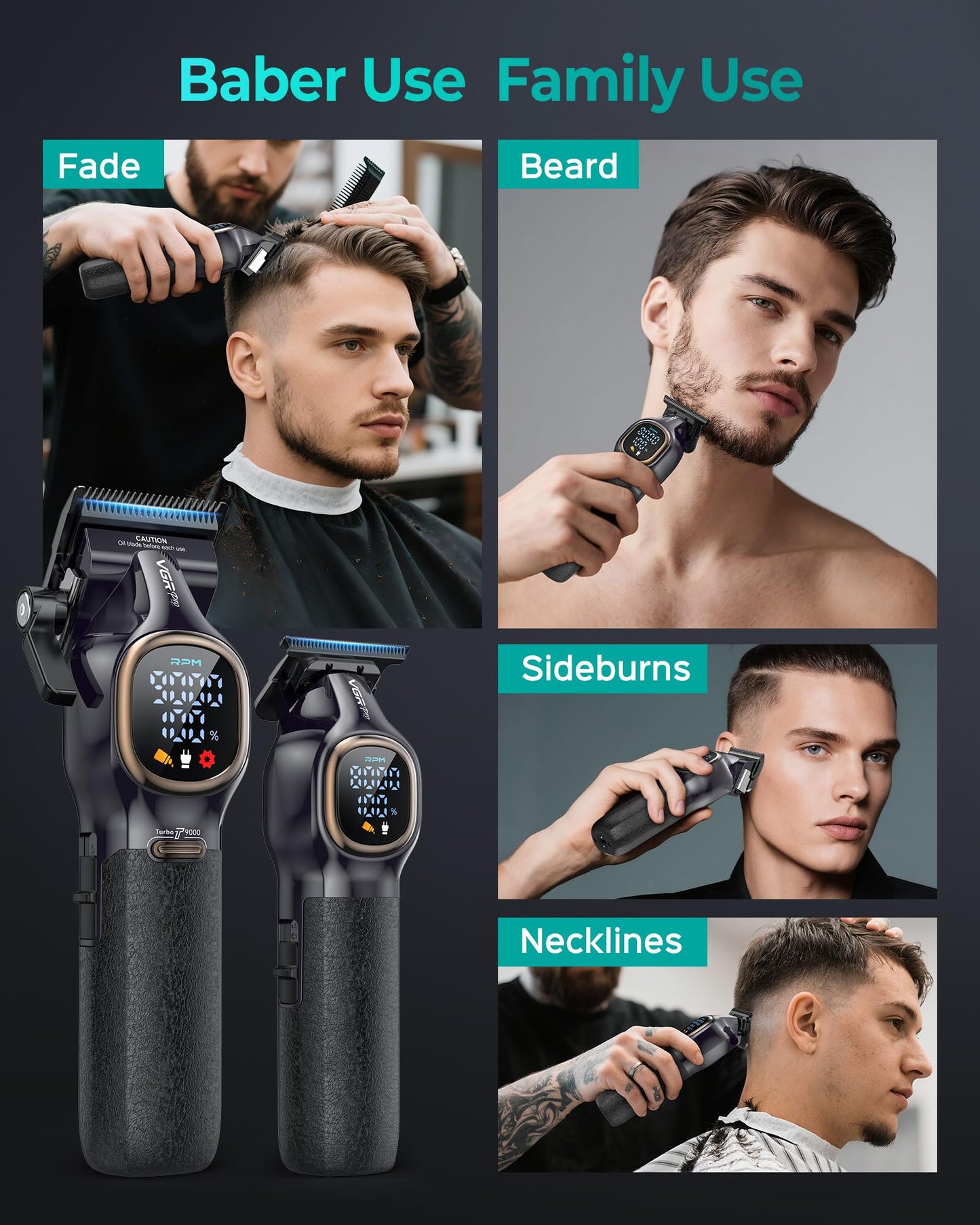 VGRPRO Professional Hair Clippers for Men, Professional Barber Clippers and Trimmer Set, Cordless Hair Clippers for Hair Cutting with Package Case, Powerful 9000 PRM Rechargable Electric Clippers