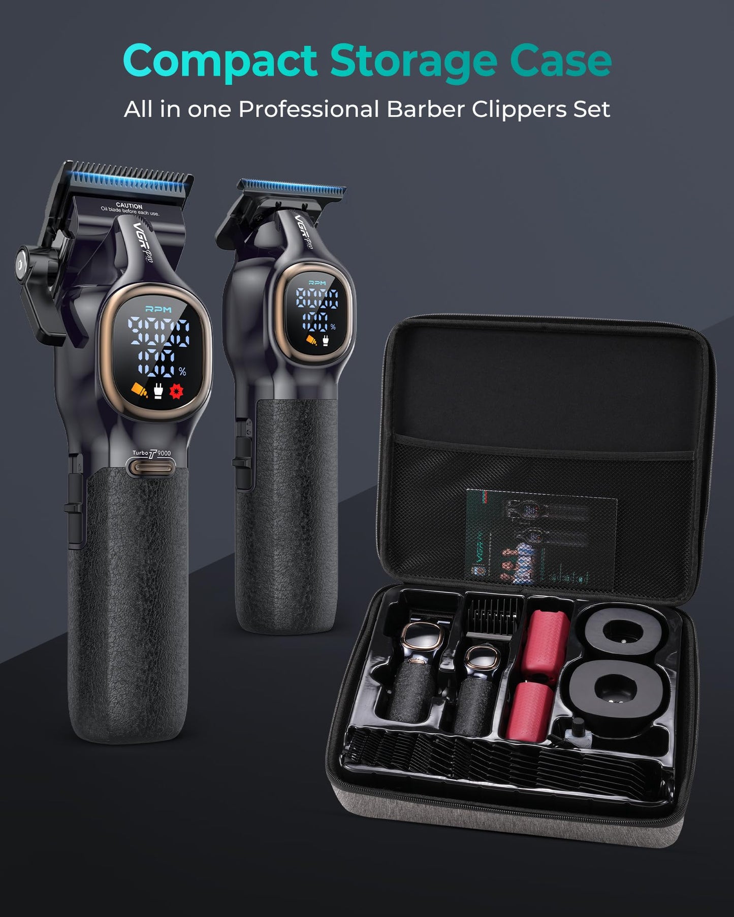 VGRPRO Professional Hair Clippers for Men, Professional Barber Clippers and Trimmer Set, Cordless Hair Clippers for Hair Cutting with Package Case, Powerful 9000 PRM Rechargable Electric Clippers