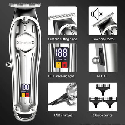 Full metal professional hair trimmer for men cordless LED display powerful hair clipper beard rechargeable hair cutting machine