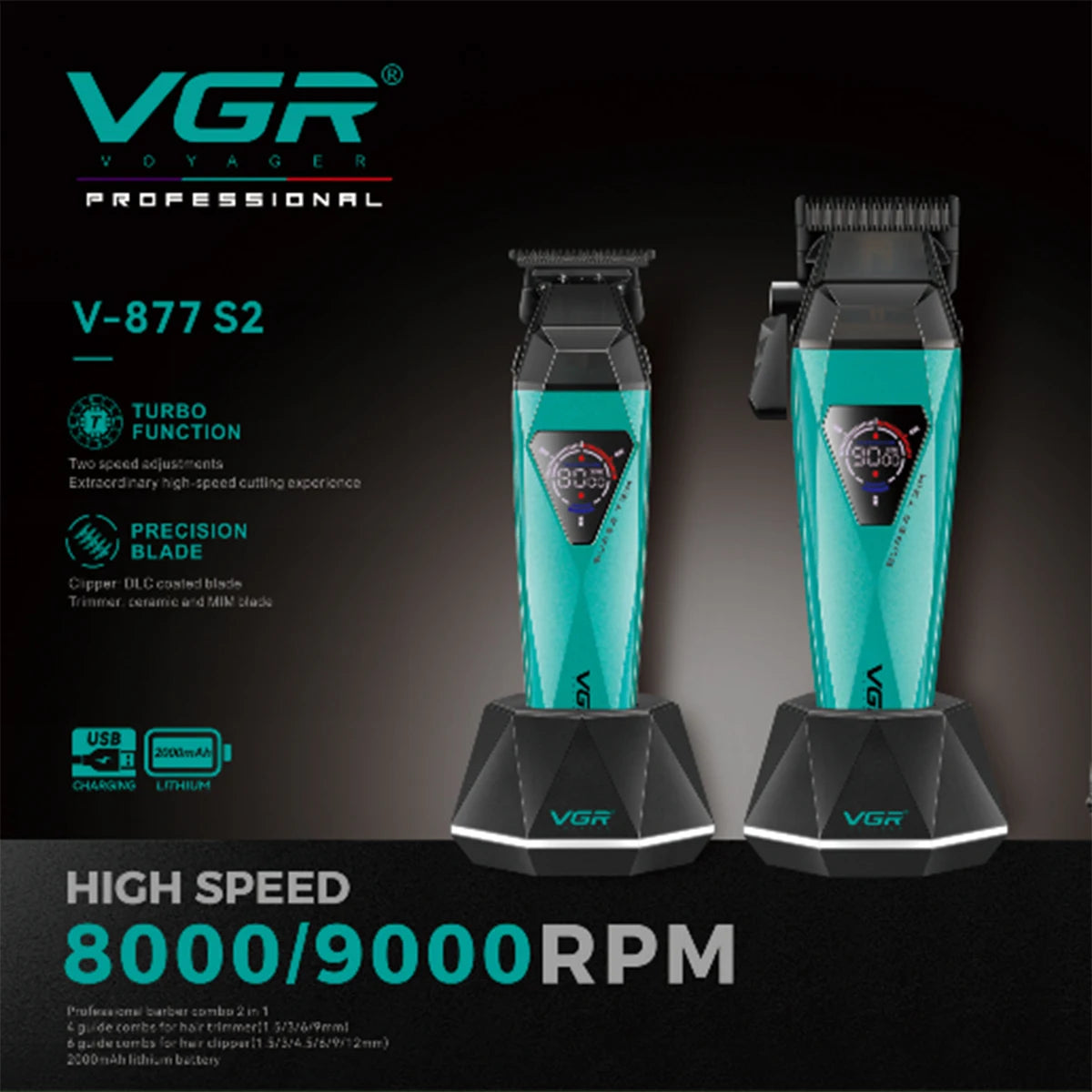 VGR Hair Trimmers Professional Hair Cut Machine Rechargeable Hair Trimmer Electric Clippers Adjustable Trimmer for Men V-877 S2