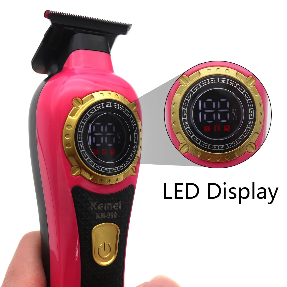 Kemei KM-999 Hair Trimmer for Men DLC T-Blade Zero Gapped LED Display Cordless USB Professional Hair Clipper Finishing Machine