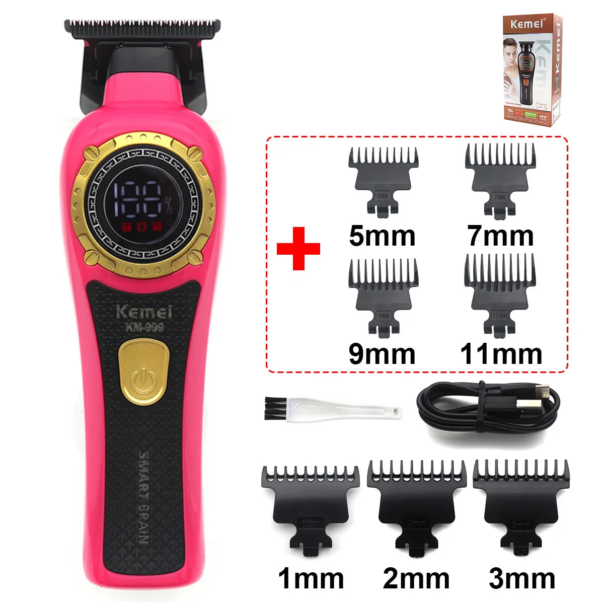 Kemei KM-999 Hair Trimmer for Men DLC T-Blade Zero Gapped LED Display Cordless USB Professional Hair Clipper Finishing Machine