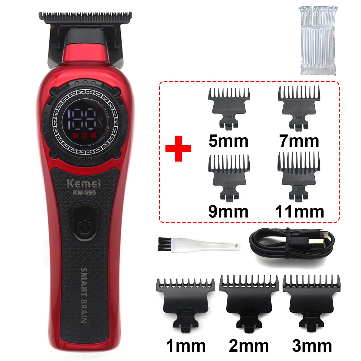 Kemei KM-999 Hair Trimmer for Men DLC T-Blade Zero Gapped LED Display Cordless USB Professional Hair Clipper Finishing Machine