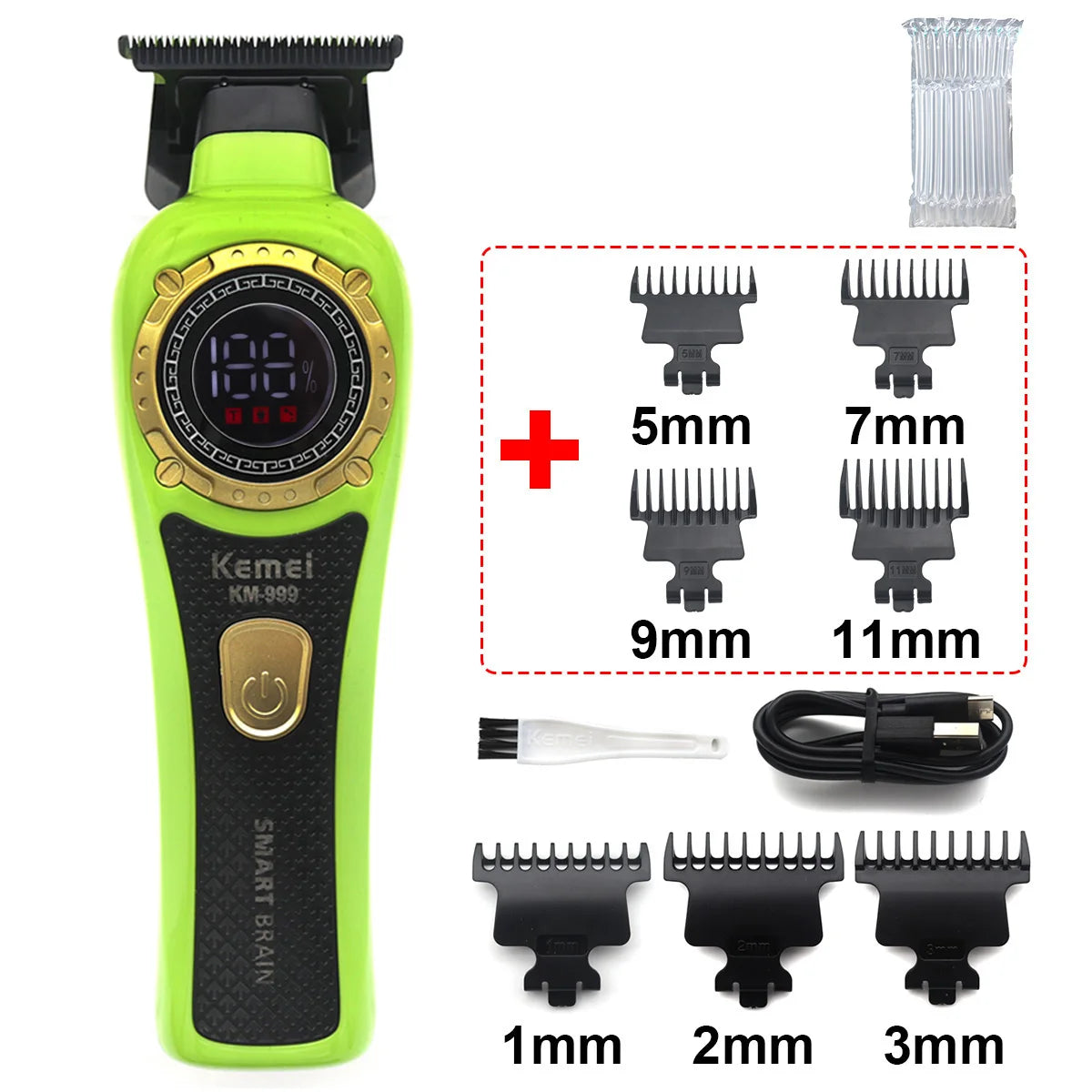 Kemei KM-999 Hair Trimmer for Men DLC T-Blade Zero Gapped LED Display Cordless USB Professional Hair Clipper Finishing Machine