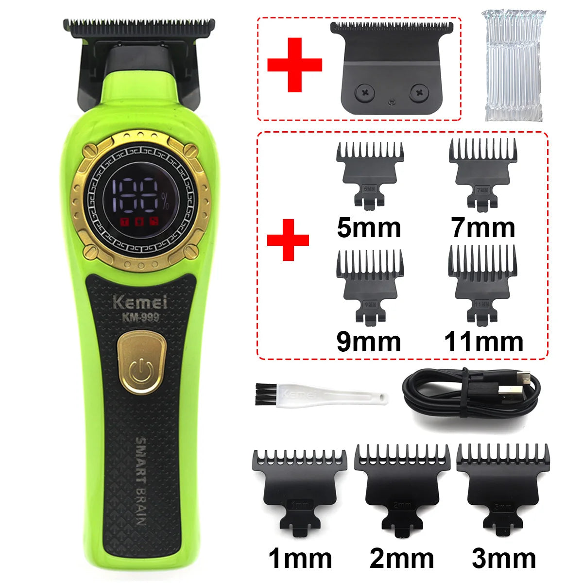 Kemei KM-999 Hair Trimmer for Men DLC T-Blade Zero Gapped LED Display Cordless USB Professional Hair Clipper Finishing Machine