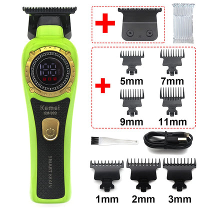 Kemei KM-999 Hair Trimmer for Men DLC T-Blade Zero Gapped LED Display Cordless USB Professional Hair Clipper Finishing Machine