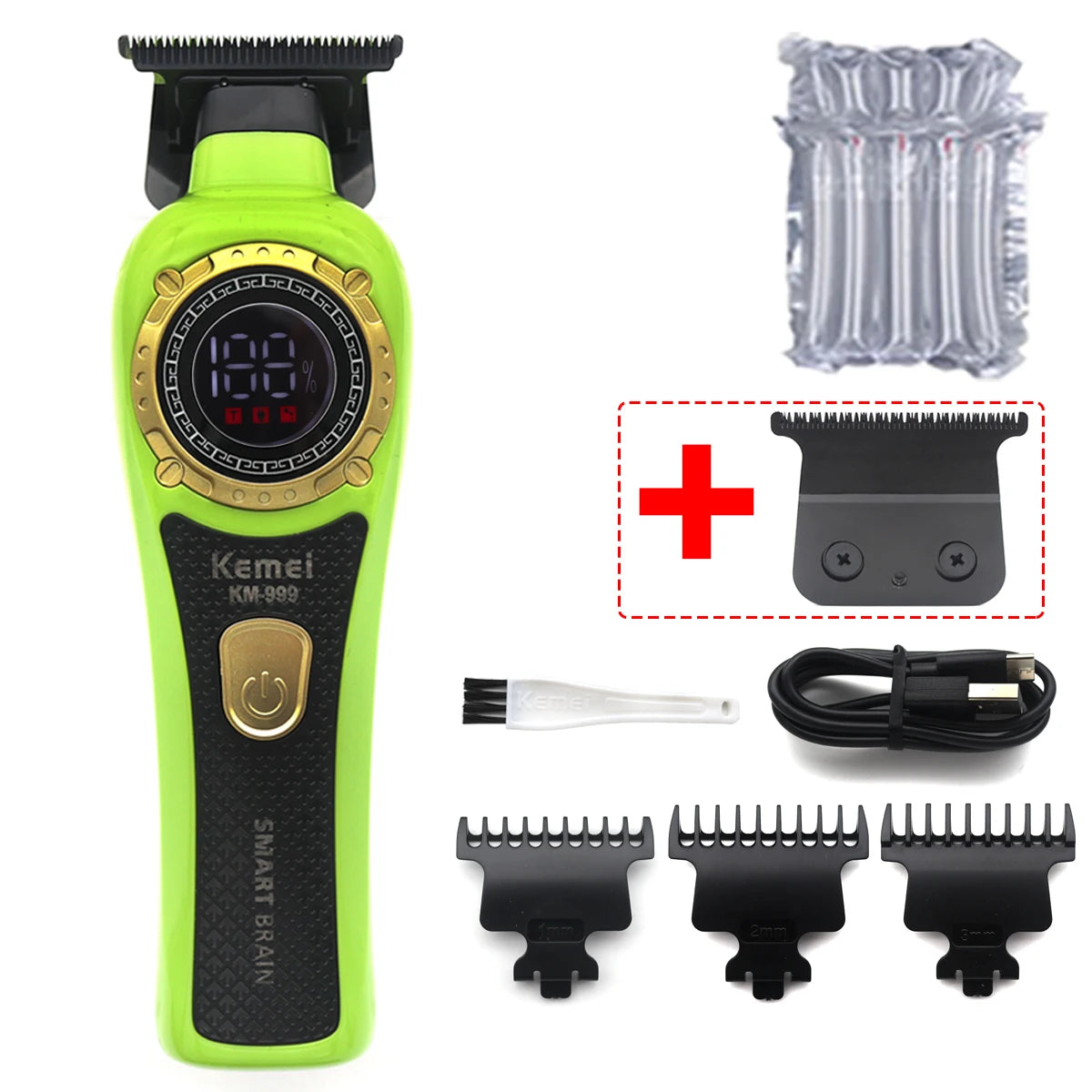 Kemei KM-999 Hair Trimmer for Men DLC T-Blade Zero Gapped LED Display Cordless USB Professional Hair Clipper Finishing Machine