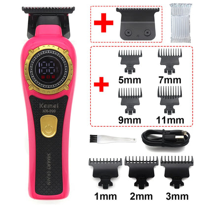Kemei KM-999 Hair Trimmer for Men DLC T-Blade Zero Gapped LED Display Cordless USB Professional Hair Clipper Finishing Machine