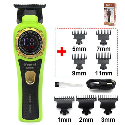 Kemei KM-999 Hair Trimmer for Men DLC T-Blade Zero Gapped LED Display Cordless USB Professional Hair Clipper Finishing Machine