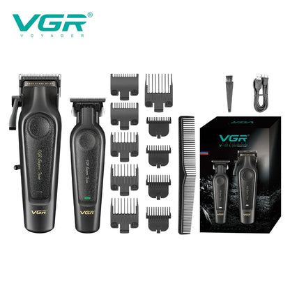 VGR V-197&995 high-end hair clipper two-piece set, metal leather body, electric push shear, LED digital display, oil head carvin