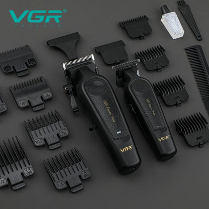VGR V-197&995 high-end hair clipper two-piece set, metal leather body, electric push shear, LED digital display, oil head carvin