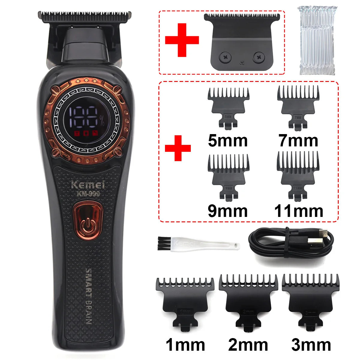Kemei KM-999 Hair Trimmer for Men DLC T-Blade Zero Gapped LED Display Cordless USB Professional Hair Clipper Finishing Machine