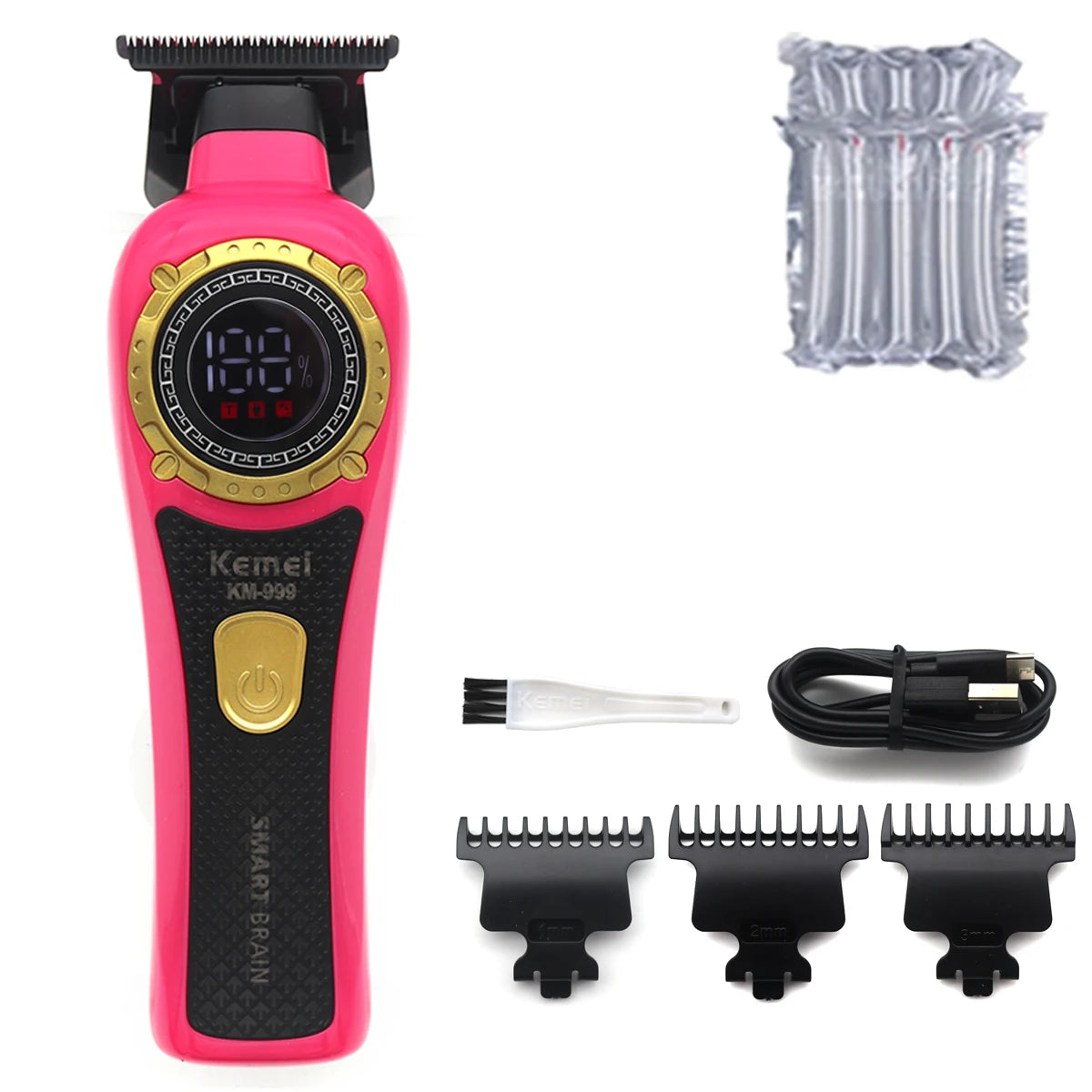 Kemei KM-999 Hair Trimmer for Men DLC T-Blade Zero Gapped LED Display Cordless USB Professional Hair Clipper Finishing Machine