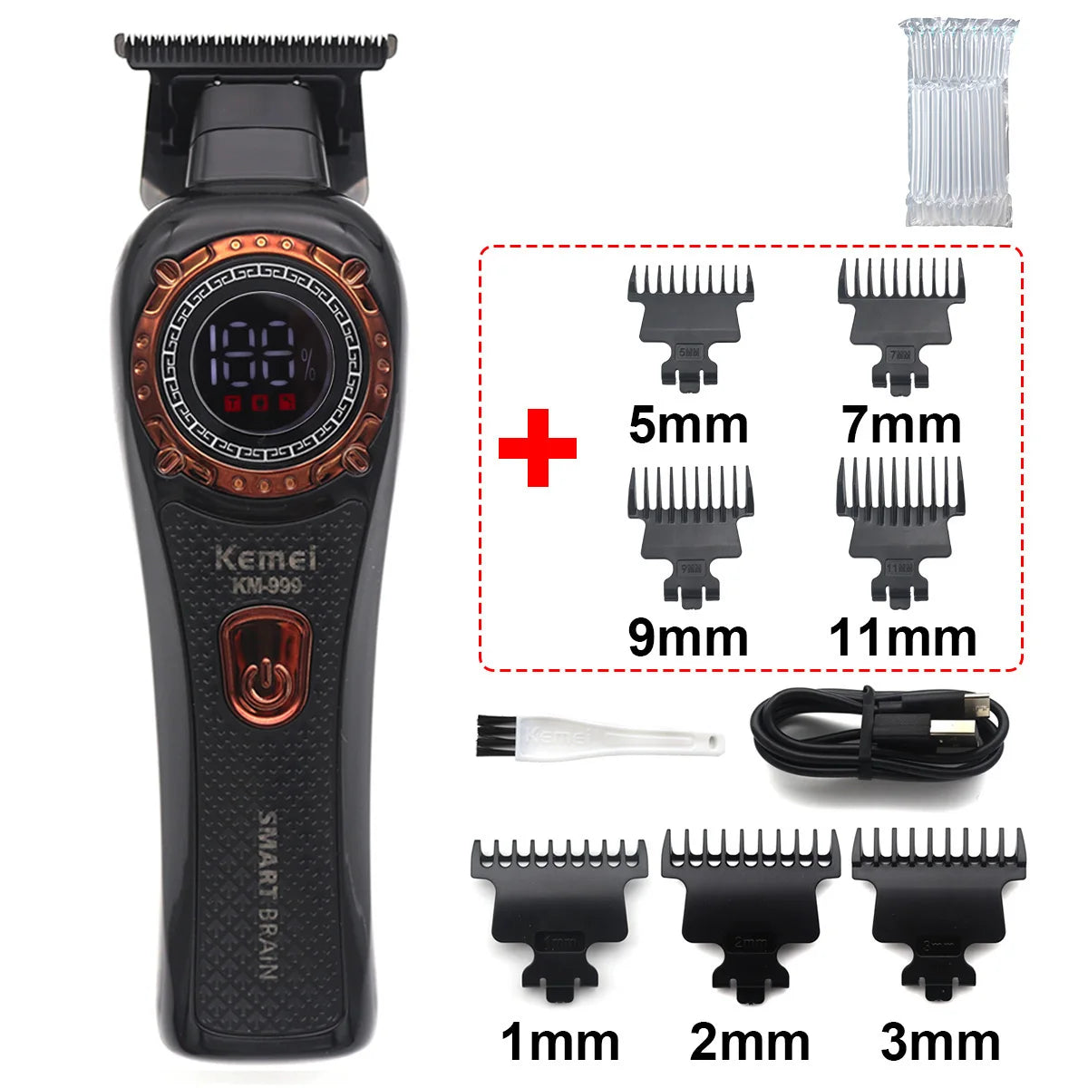 Kemei KM-999 Hair Trimmer for Men DLC T-Blade Zero Gapped LED Display Cordless USB Professional Hair Clipper Finishing Machine