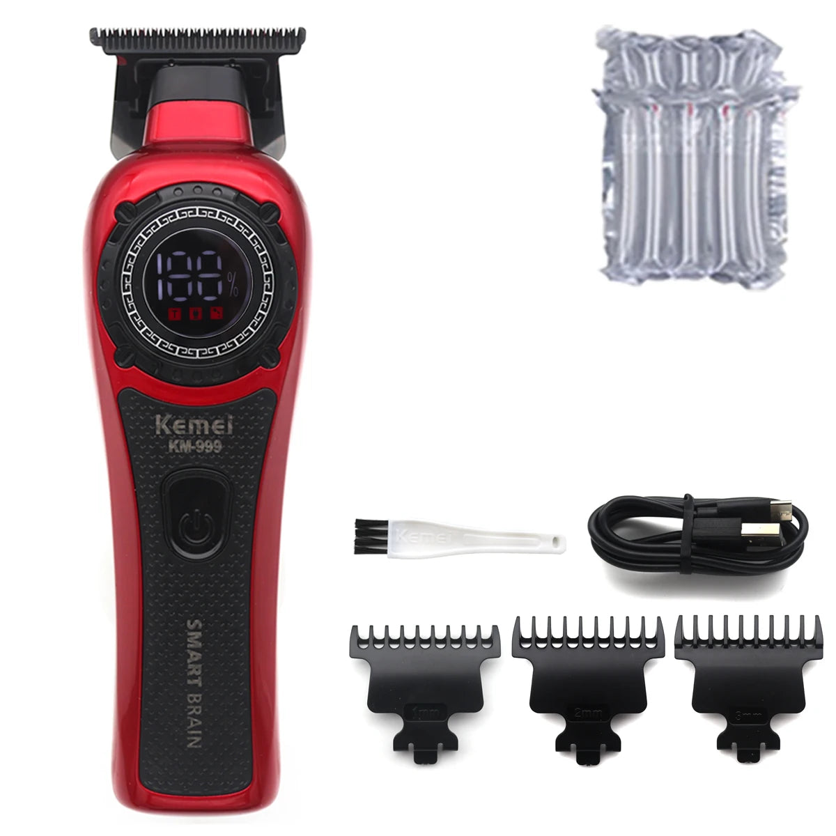 Kemei KM-999 Hair Trimmer for Men DLC T-Blade Zero Gapped LED Display Cordless USB Professional Hair Clipper Finishing Machine
